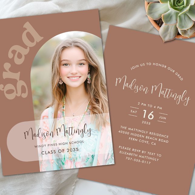 Brown Boho Arch Graduation Party Photo Invitation (Créateur téléchargé)