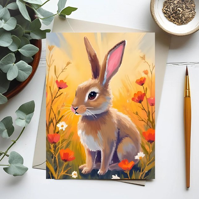Brown Bunny Floral Field Animal Painting Card (Créateur téléchargé)