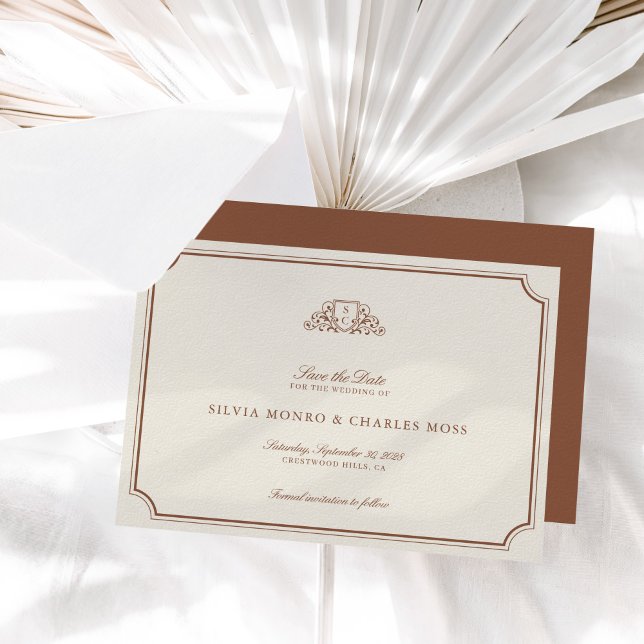 Brown classique/Ecru Mariage Monogramme Enregistre (Classic Brown & Ecru Wedding Monogram Save the Date)