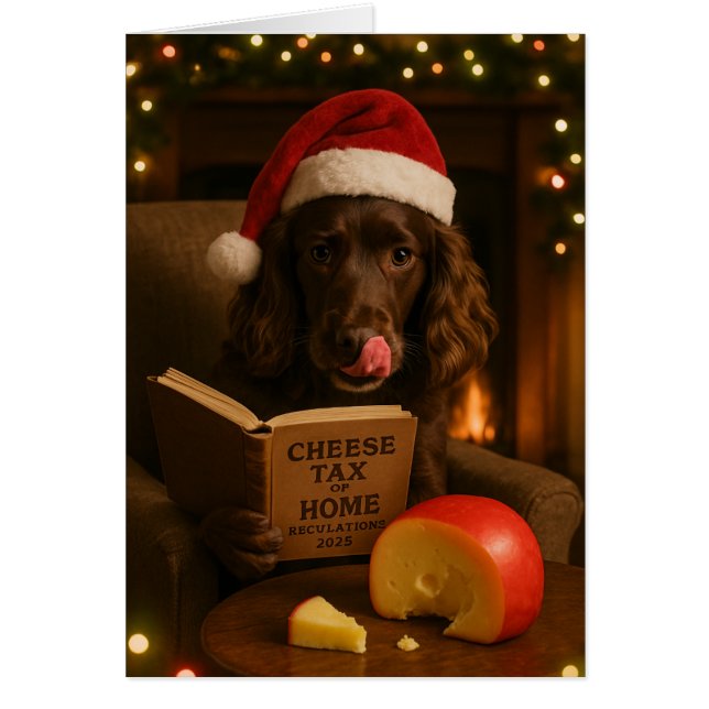 Brown cocker spaniel  'Cheese Tax' Christmas card (Devant)