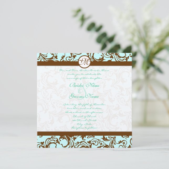 Brown Damask Light Aqua Blue Faire-part de mariage (Debout devant)