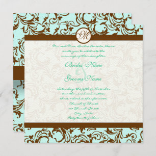 Brown Damask Light Aqua Blue Faire-part de mariage