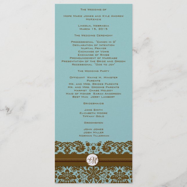 Brown Damask Monogram Wedding Programme (Devant)