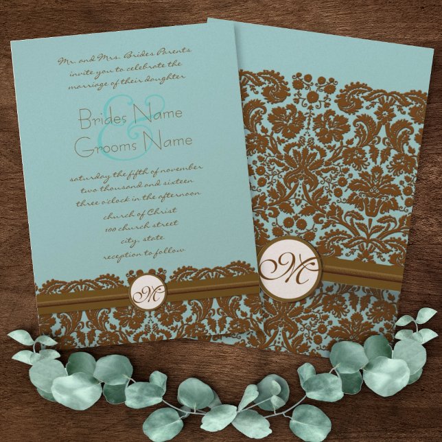 Brown Damask Wedding Monogram Invitations (Créateur téléchargé)