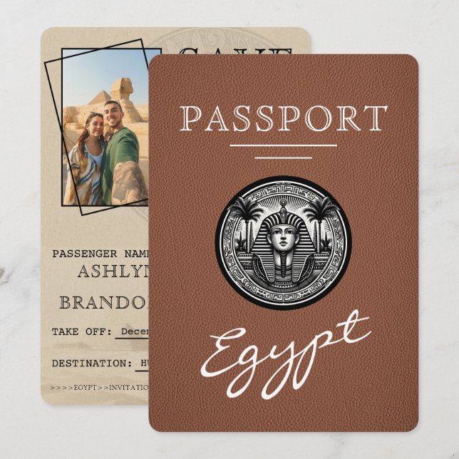 Brown Egypt Passport Wedding Save the Date (Devant / Derrière)
