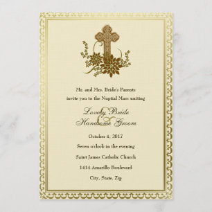 Brown Floral Cross Faire-part de mariage catholiqu