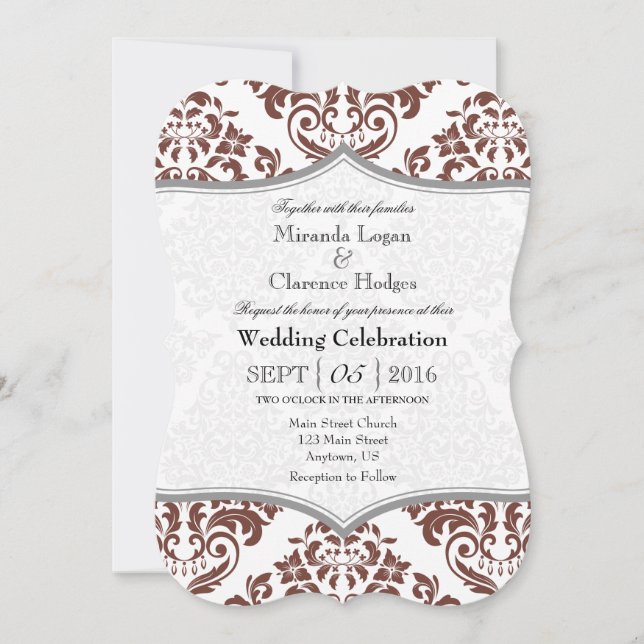 Brown Gray Damask Bracket Wedet Invitation (Devant)