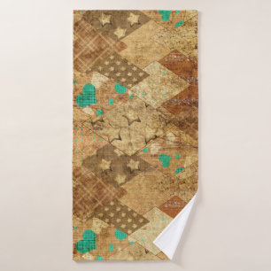 Brown Grunge Quilt Stars Coeurs