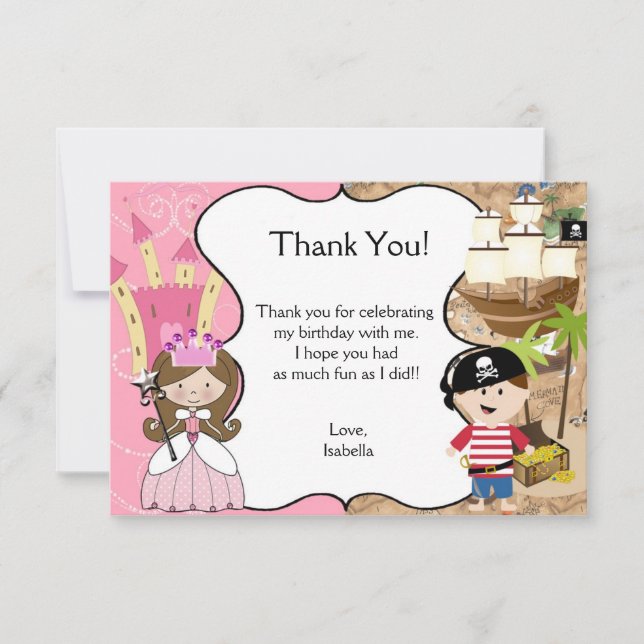Brown Hair Princess & Pirate Party Carte de remerc (Devant)