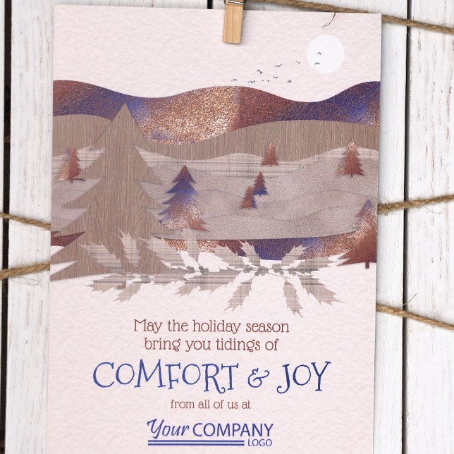 Brown, logo bleu Rustique Cartes de fin de année d (Rustic Brown Forest Trees Blue Brown Logo Company Holiday Christmas Cards Bulk Order Budget)