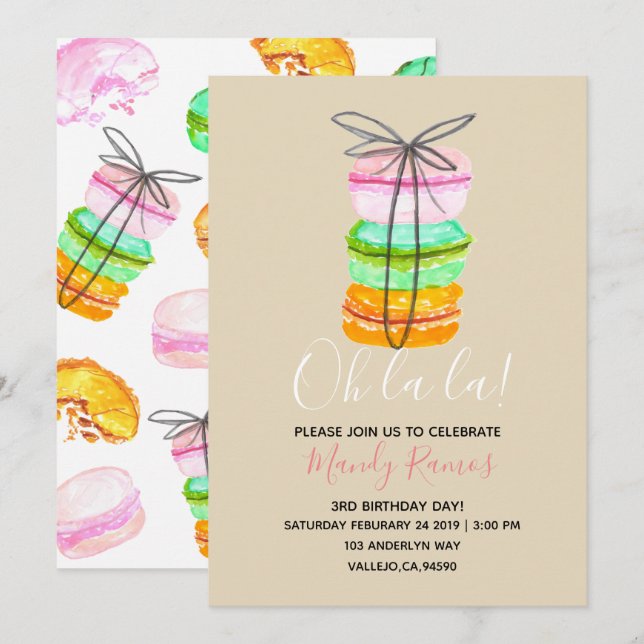Brown macaron invitation d'anniversaire (Devant / Derrière)