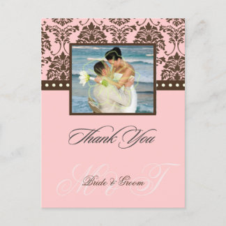 Brown + Pink Damask Merci Photo cartes postales,