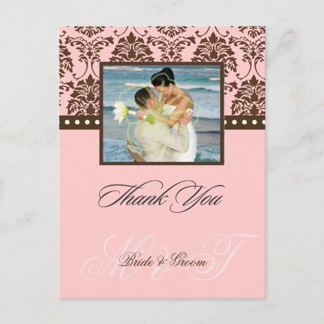 Brown + Pink Damask Merci Photo cartes postales, (Devant)