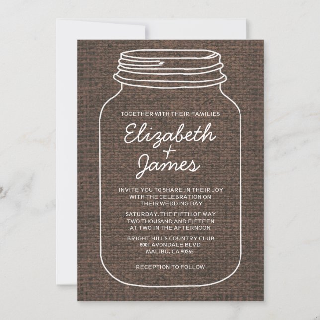 Brown Rustique Burlap Mason Jar Invitations de mar (Devant)