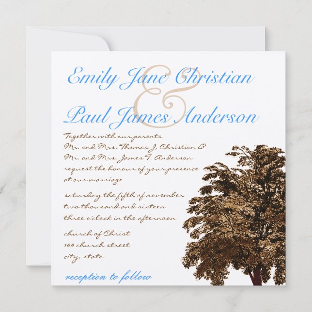 Brown Tree Aqua Blue Font Faire-part de mariage (Devant)