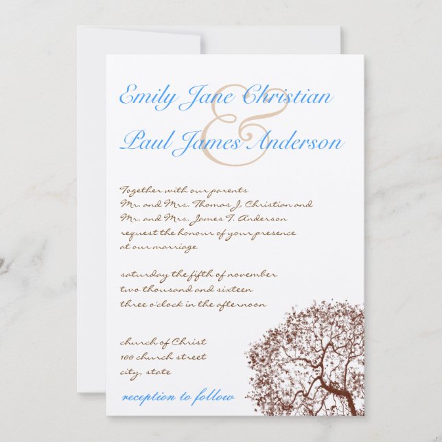 Brown Tree Aqua Blue Font Faire-part de mariage (Devant)