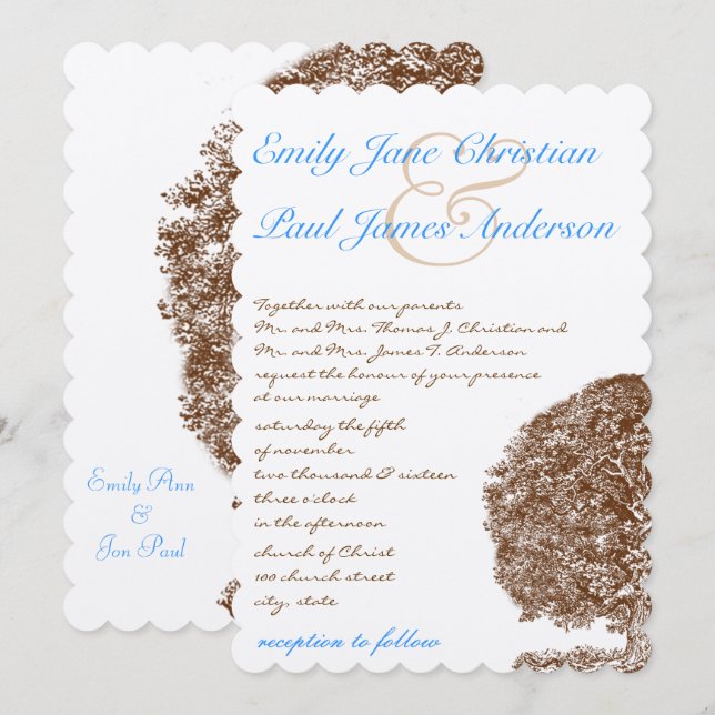 Brown Tree Aqua Blue Forest Faire-part de mariage (Devant / Derrière)