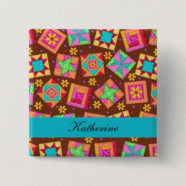 Brown Turquoise Blue Patchwork Quilt Name Badge (Devant)