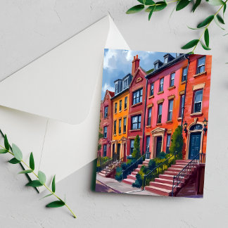 Brownstone City Street Watercolor Painting Card