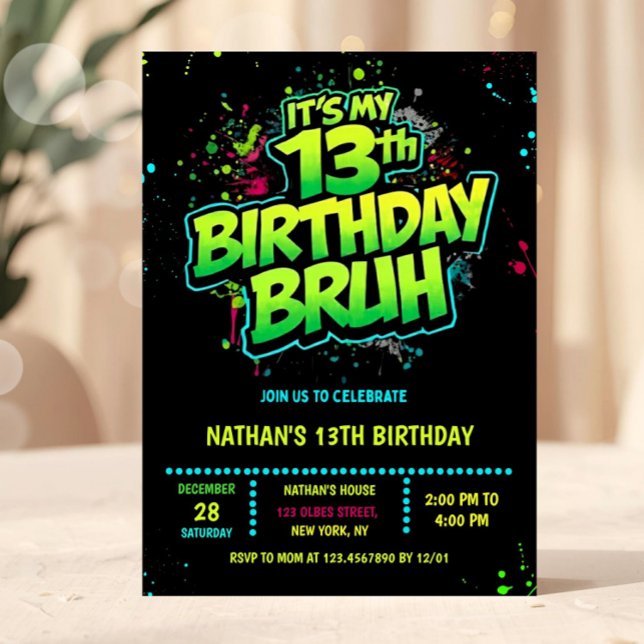 Bruh 13th Birthday Boy Neon Modern Invitation (Bruh, You In? Neon Arcade Video Games Boy Birthday Invitation)