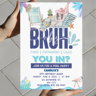 BRUH Blue Pool Party Boy Birthday Invitation