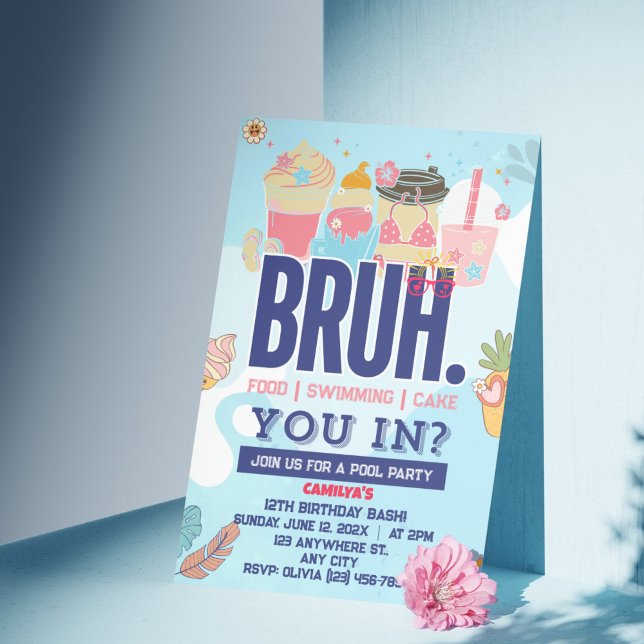 BRUH Blue Pool Party Boy Birthday Invitation (Make a Splash! Bruh-tastic Pool Party for the Coolest Dude)