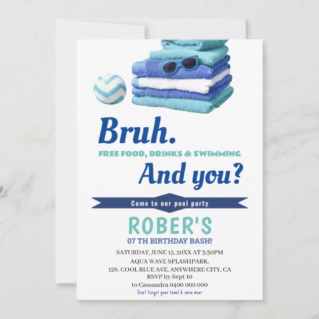 BRUH Boys Blue Pool Party Anniversaire Invitation (Devant)