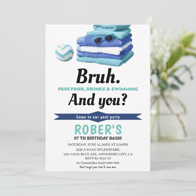 BRUH Boys Blue Pool Party Anniversaire Invitation (Debout devant)