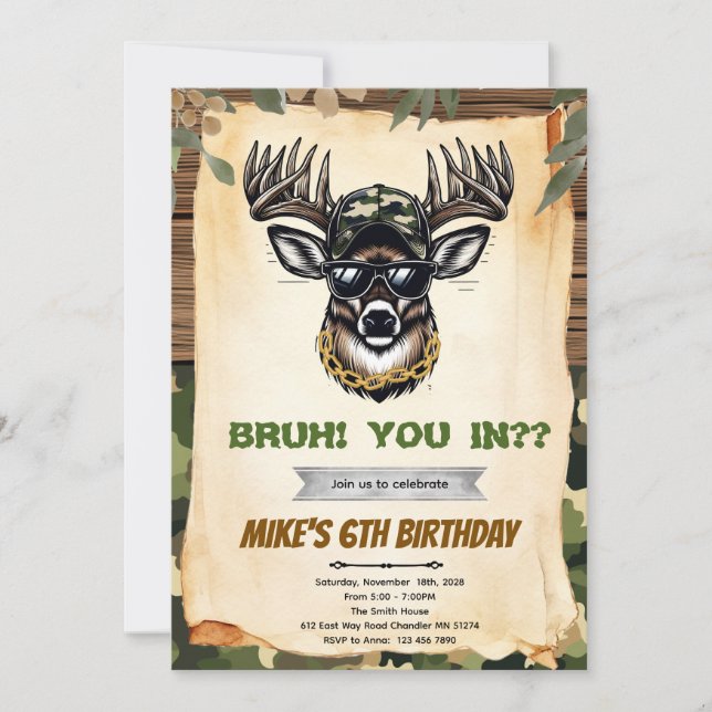 Bruh camo deer hunting party invitation (Devant)