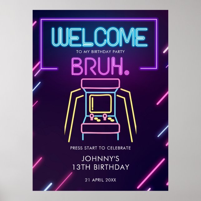 Bruh Neon Arcade Jeux Vidéos Affiche de bienvenue  (Devant)