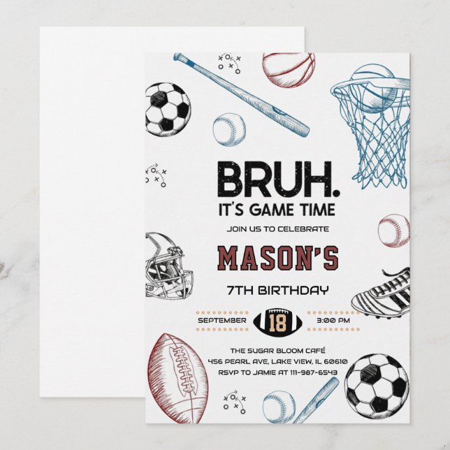 Bruh Sports Birthday Game Time Party Invitation (Devant / Derrière)