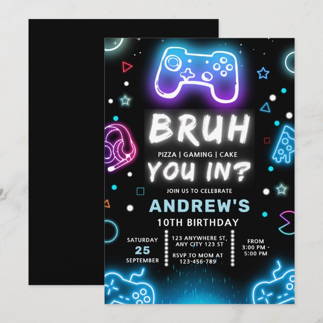 BRUH TU ES DANS ? Invitation d'anniversaire Neon G (Devant / Derrière)