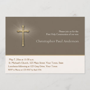 Brun clair, croix d'or, invitation religieuse