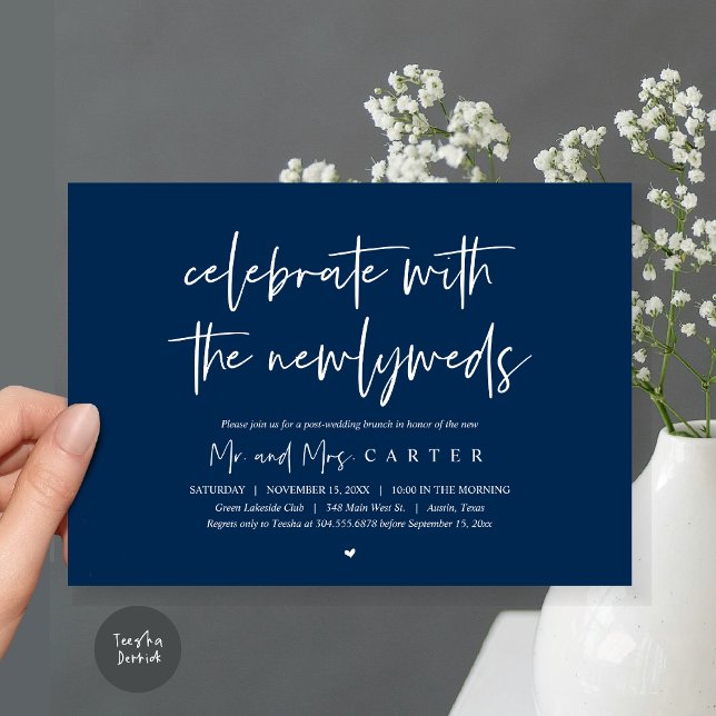 Brunch avec les jeunes mariés, post faire-part de  (Celebrate with the newlyweds, Wedding Brunch Invitation Card, PDF, in Navy Blue)