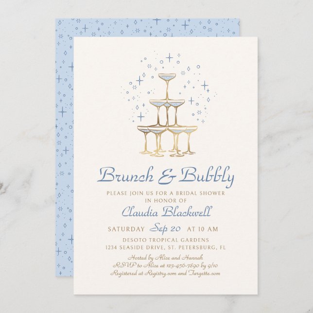 Brunch Bubbly Blue Bridal Shower Invitation (Devant / Derrière)