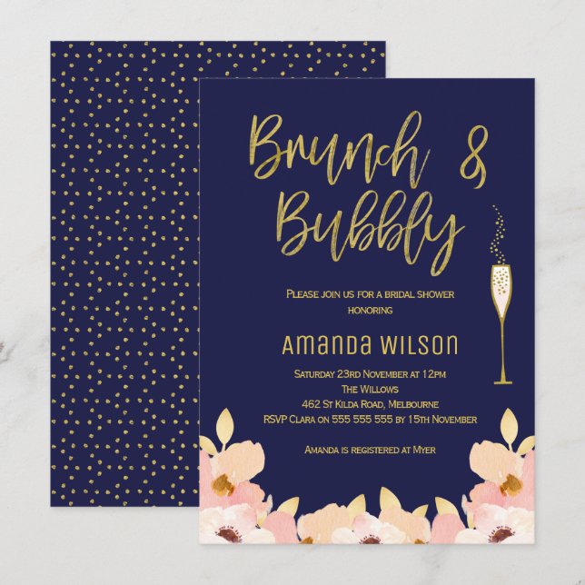 Brunch Bubbly Blue Gold Bridal Shower Invitation (Devant / Derrière)