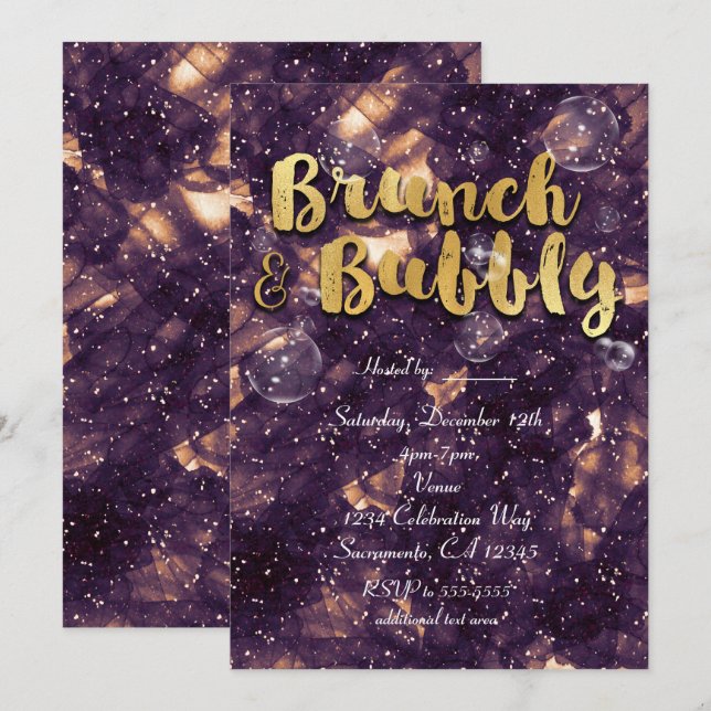Brunch & Bubbly Purple Gold Glam Chic Invitations (Devant / Derrière)