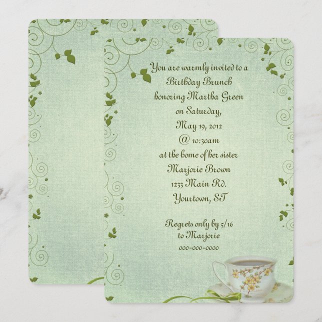 Brunch d'anniversaire avec tasse de thé Invitation (Devant / Derrière)