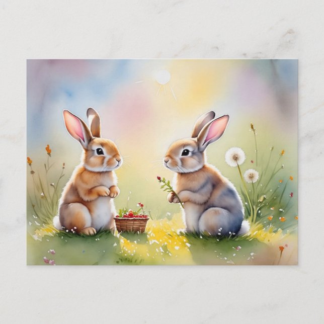 Brunch de lapin - Carte postale lapins d'aquarelle (Devant)
