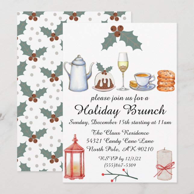 Brunch de Noël Holly Cute Invitation (Devant / Derrière)