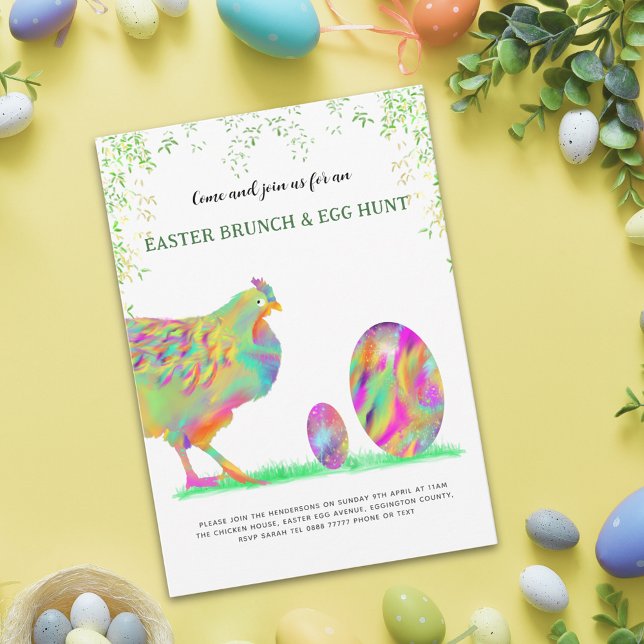 Brunch de Pâques et chasse aux oeufs aquarelle bud (Easter egg hunt spring brunch cute colorful watercolor Hen & Eggs garden party budget invitation)