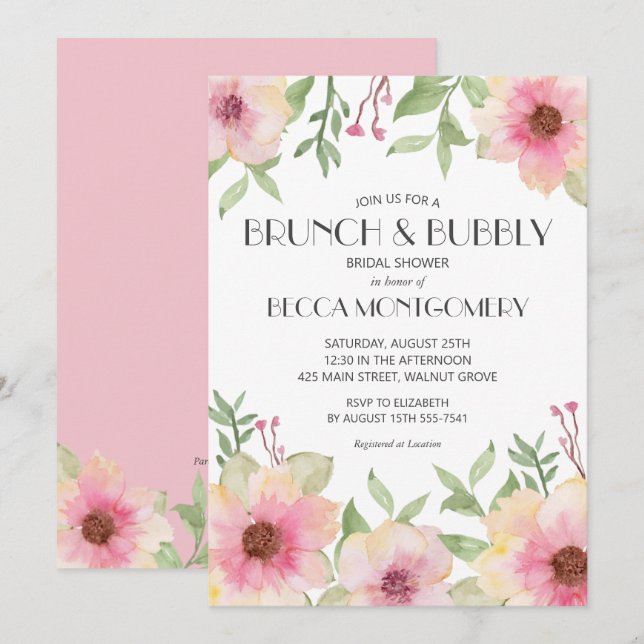 Brunch et Bubbly Aquarelle rose Invitations florau (Devant / Derrière)