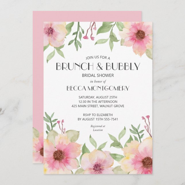 Brunch et Bubbly Blush Invitations floraux roses (Devant / Derrière)