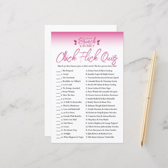 Brunch et Bubbly Galentines Chick Flick Jeu Quiz (Devant/Arrière en situation)