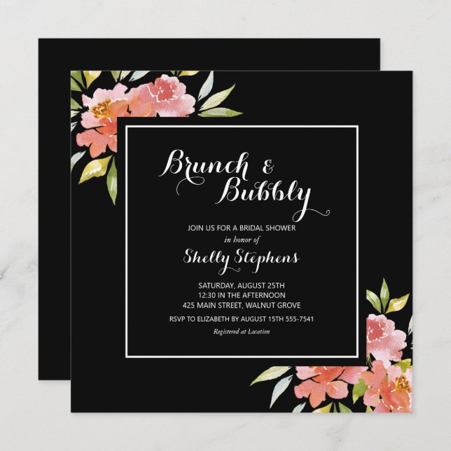 Brunch floral chic et invitations noires bulles (Devant / Derrière)