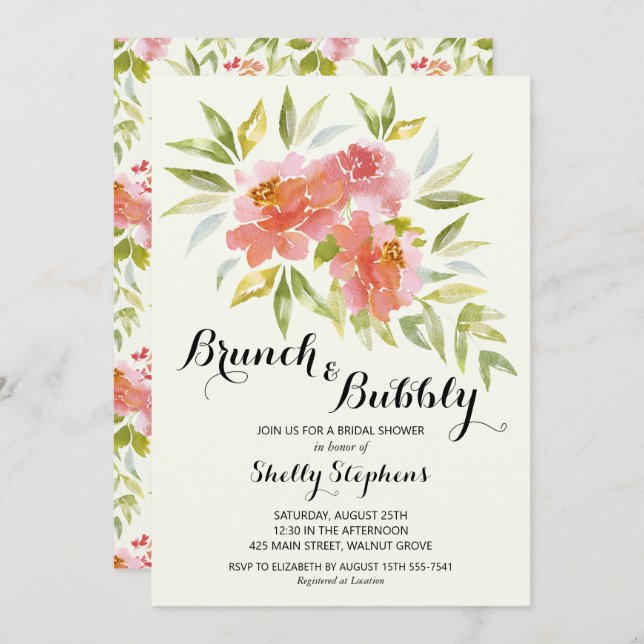 Brunch moderne et Bubbly Floral Shower Invitation (Devant / Derrière)
