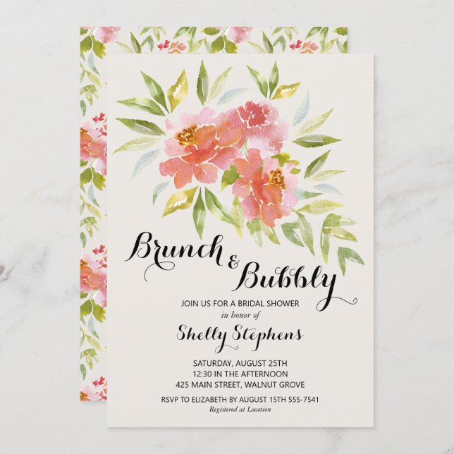 Brunch tendance et bulle Floral Shower Invitation (Devant / Derrière)