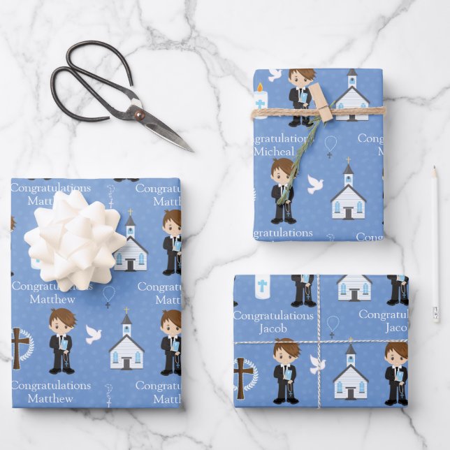 Brunette First Communion Boy Wrapper Feuilles Papi (Recto)