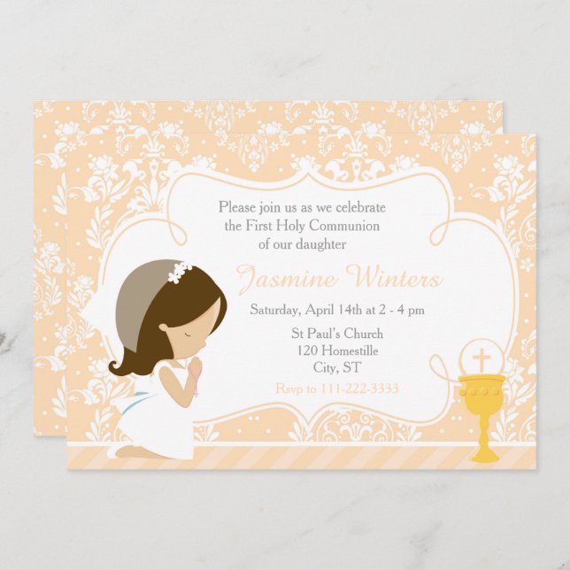 Brunette Girl First Communion Damask Invitation (Devant / Derrière)