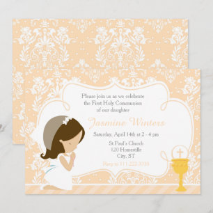 Brunette Girl First Communion Damask Invitation